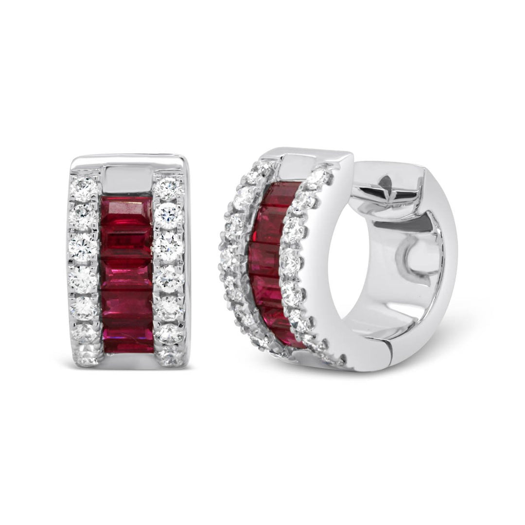 White Gold Diamond & Ruby Wide Huggie Hoop Earrings - ME51851