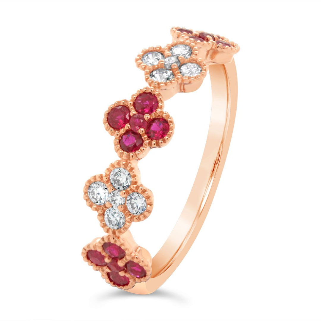 14K Rose Gold Diamond & Ruby Flower Band with Milgrain Details - RN5424P14R1