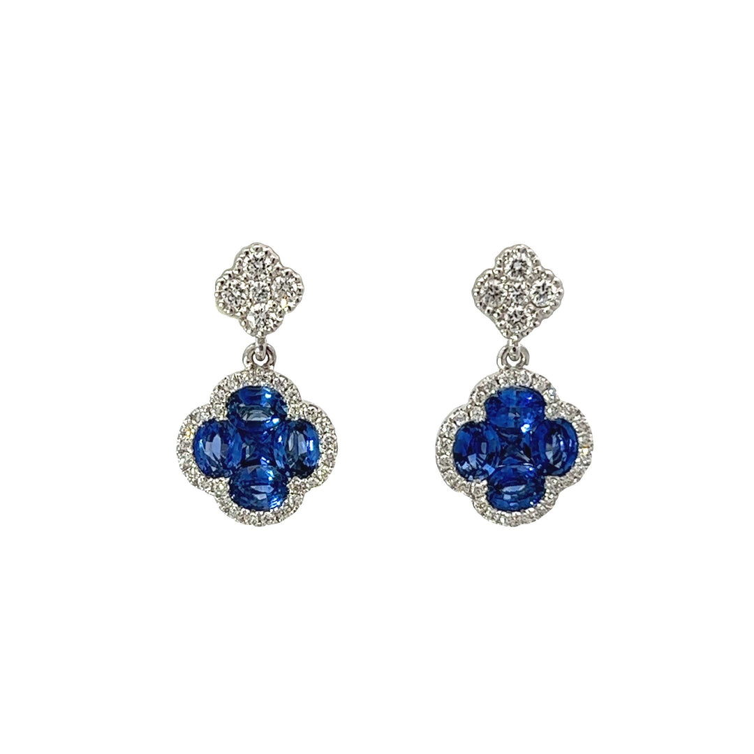 White Gold Diamond & Blue Sapphire Flower Dangle Earrings - VEN3381