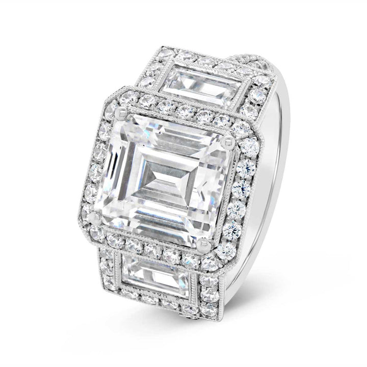 Three Stone Halo Diamond Engagement Ring