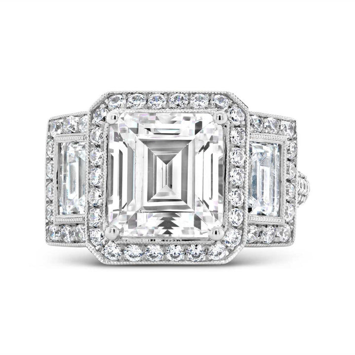 Three Stone Halo Diamond Engagement Ring