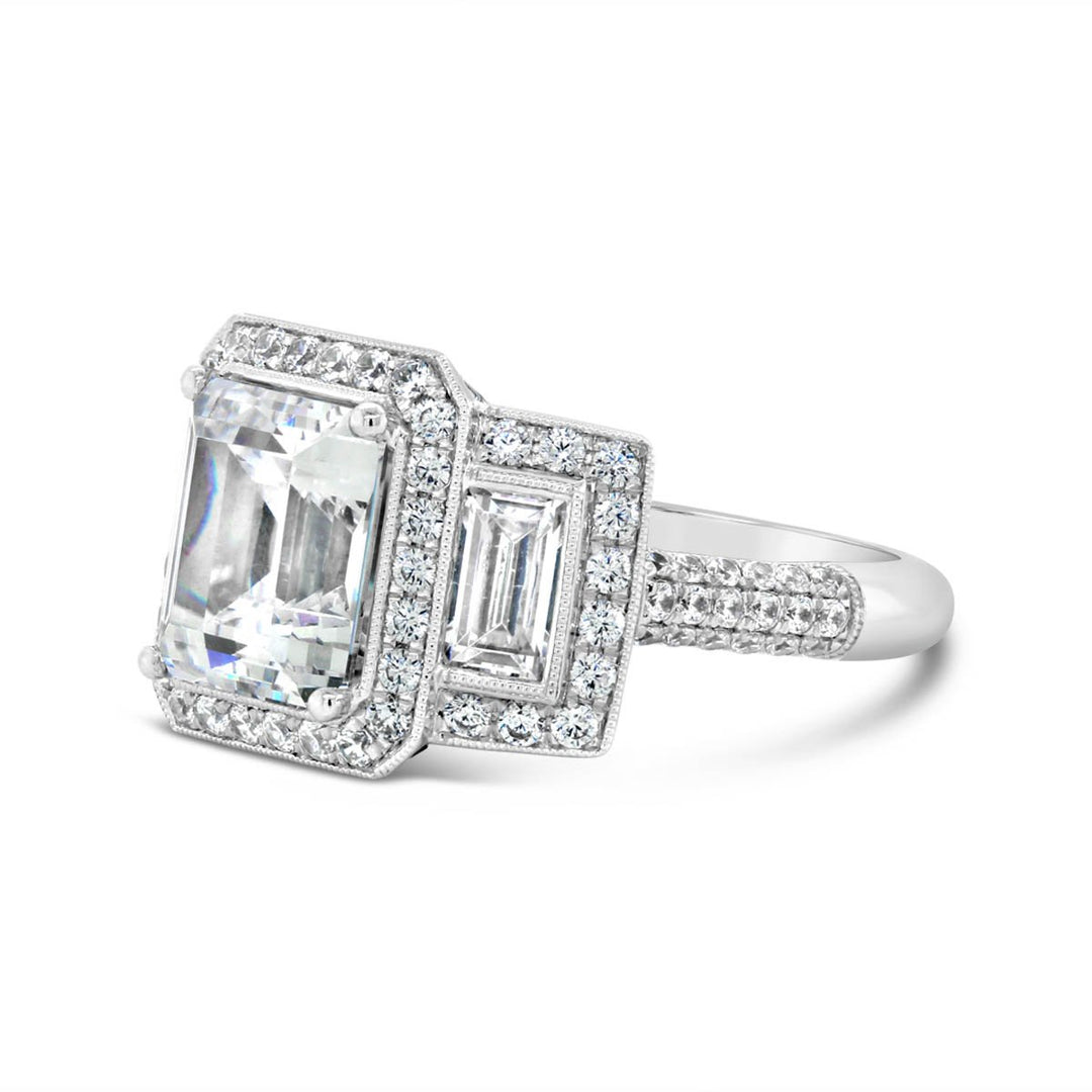 Three Stone Halo Diamond Engagement Ring