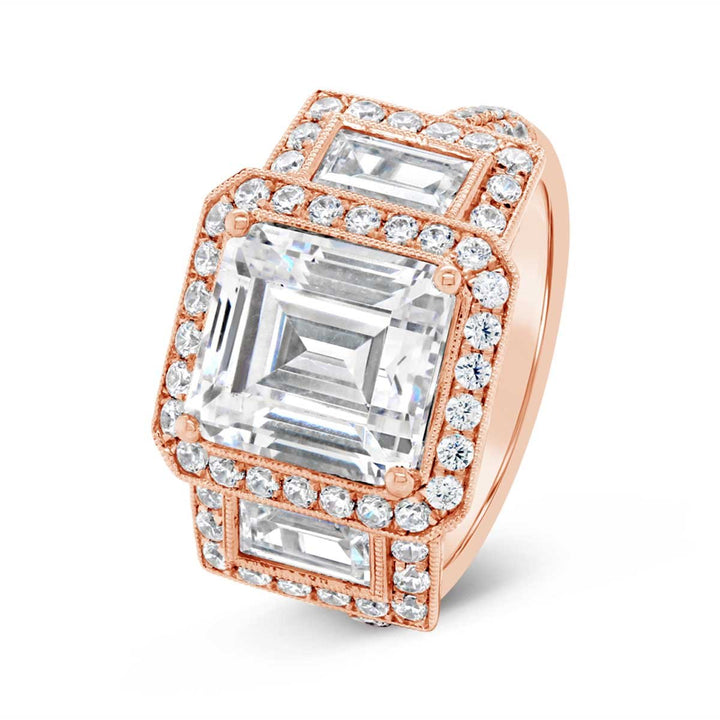 Three Stone Halo Diamond Engagement Ring