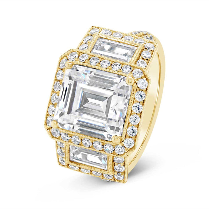 Three Stone Halo Diamond Engagement Ring