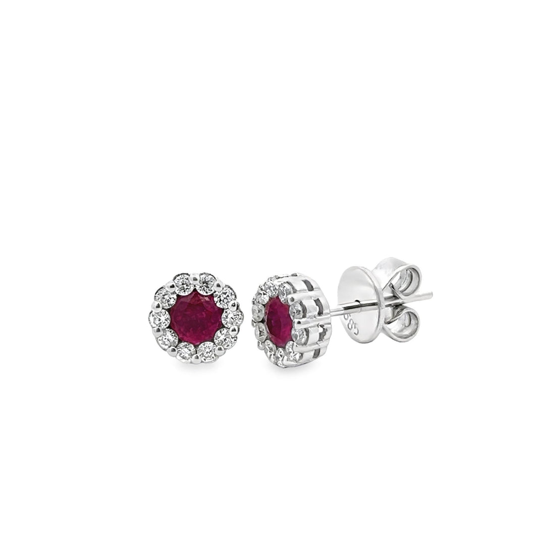 White Gold Diamond Halo & Ruby Earrings - 0M01RW