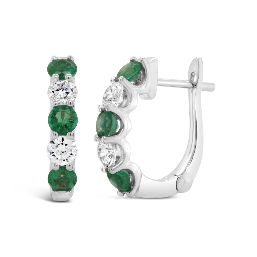 White Gold Alternating Diamond & Emerald Hoop Earrings - ME51884