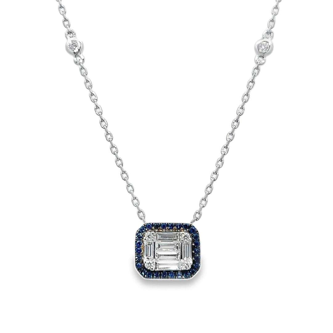 White Gold Diamond and Sapphire Halo Necklace
