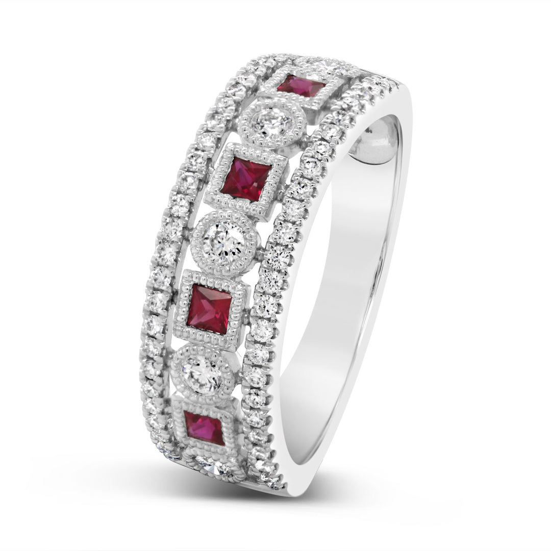 14K White Gold Diamond & Ruby Wide Band with Milgrain Detail - ARD2821RU