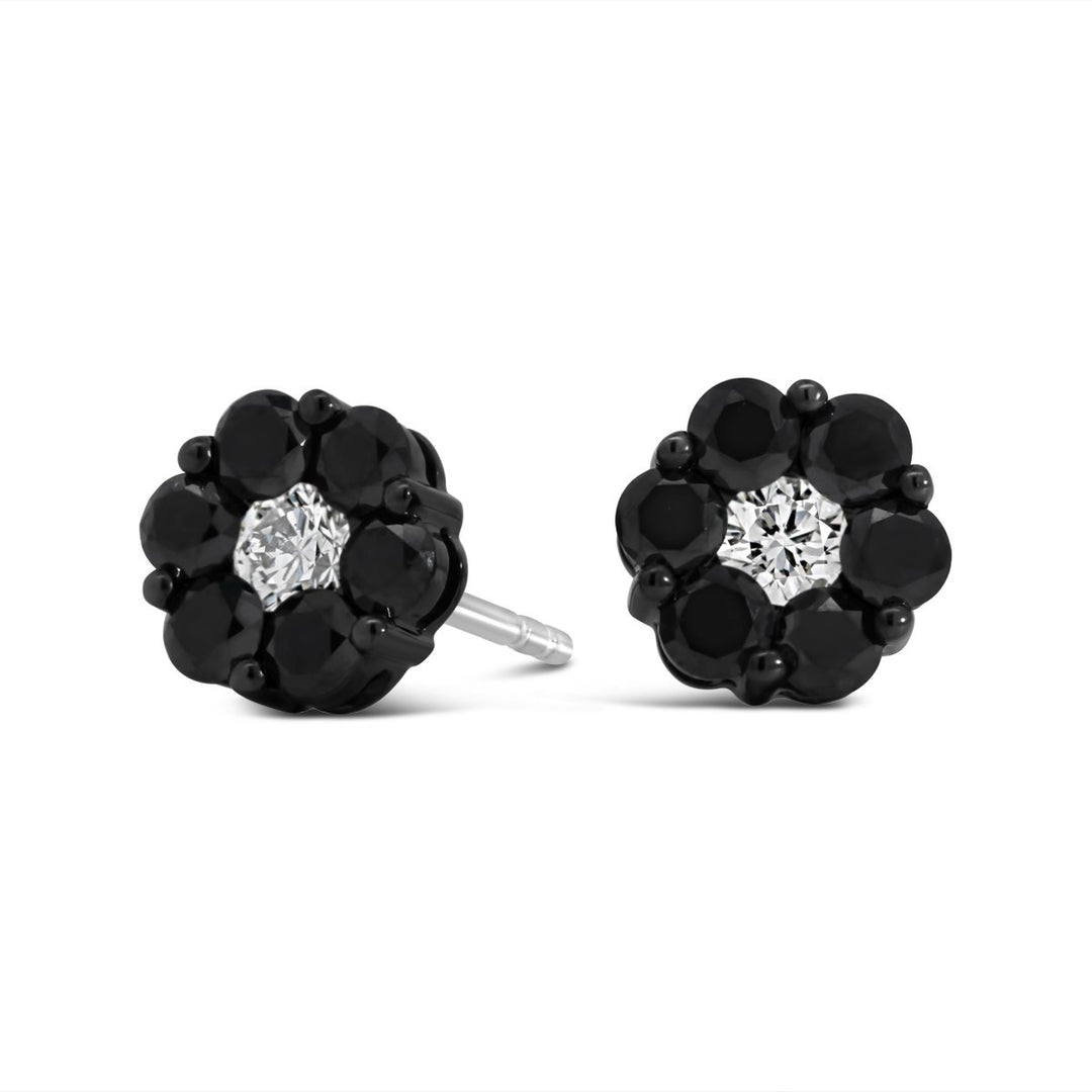 White Gold & Black Rhodium Diamond Flower Stud Earrings - AE0392