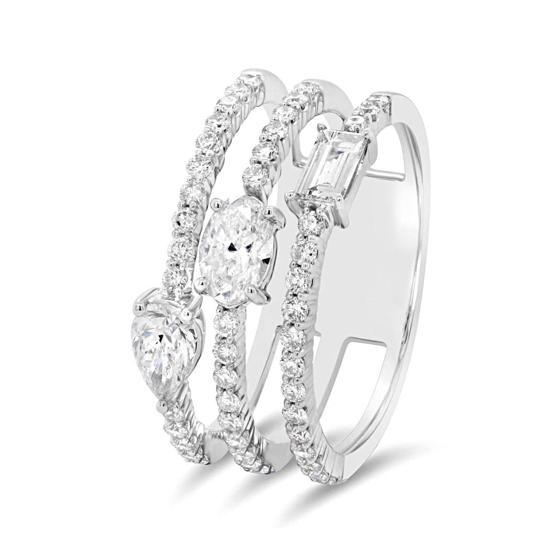 14K White Gold Diamond Three Row Multi-Shape Fashion Ring