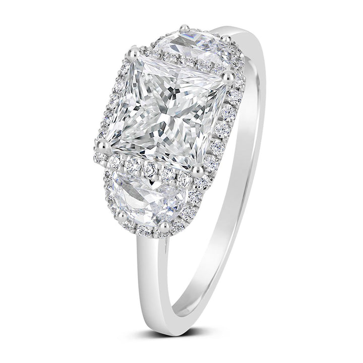 Three Stone Diamond Halo Engagement Ring