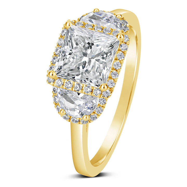 Three Stone Diamond Halo Engagement Ring