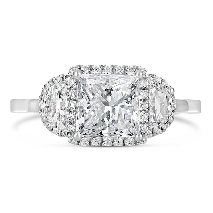 Three Stone Diamond Halo Engagement Ring