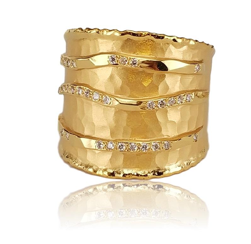 14K Marika Desert Gold Wide Diamond band with Hammered Finish - MDG7362