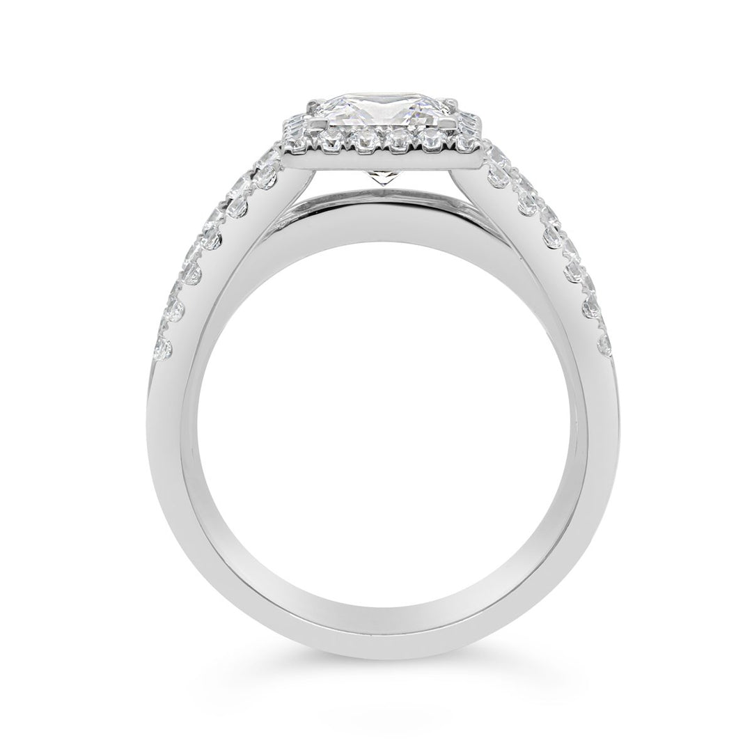 Split Shank Diamond Engagement Ring with Halo and Baguettes
