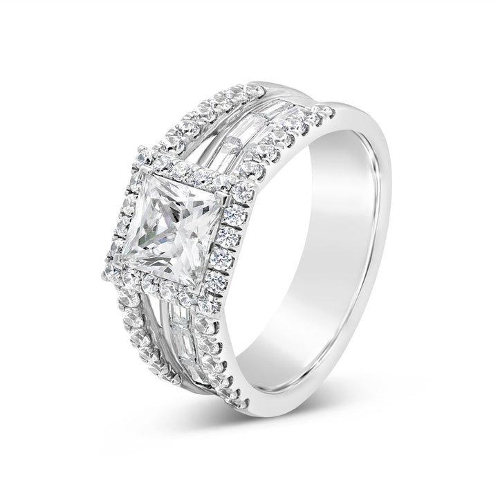 Split Shank Diamond Engagement Ring with Halo and Baguettes