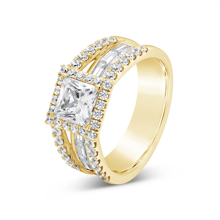 Split Shank Diamond Engagement Ring with Halo and Baguettes