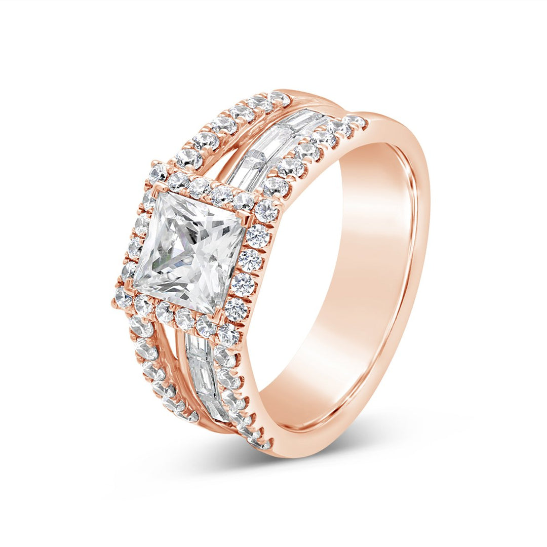 Split Shank Diamond Engagement Ring with Halo and Baguettes
