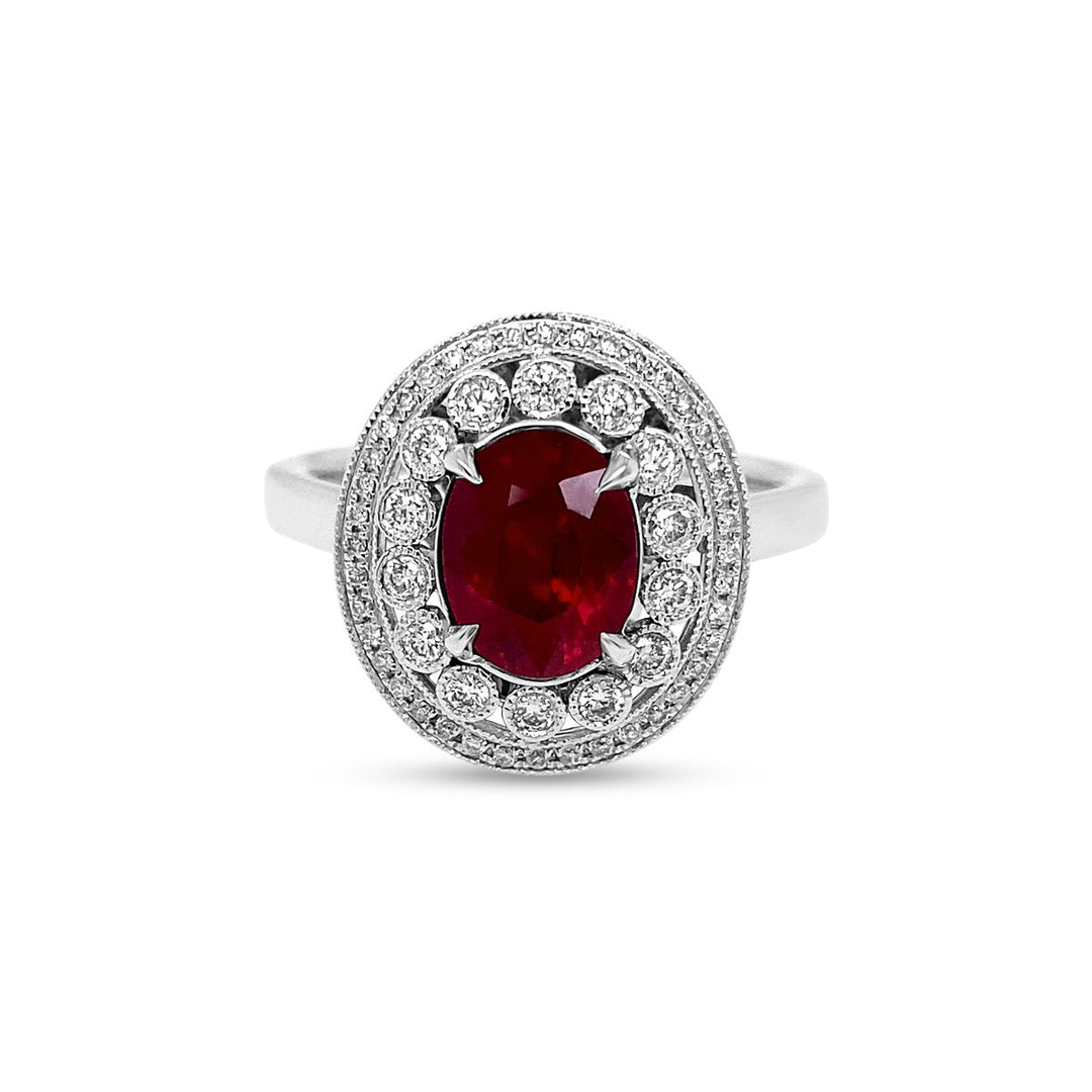 White Gold Diamond Halo Vinatge Style Ring with Ruby Center - SNR0320R