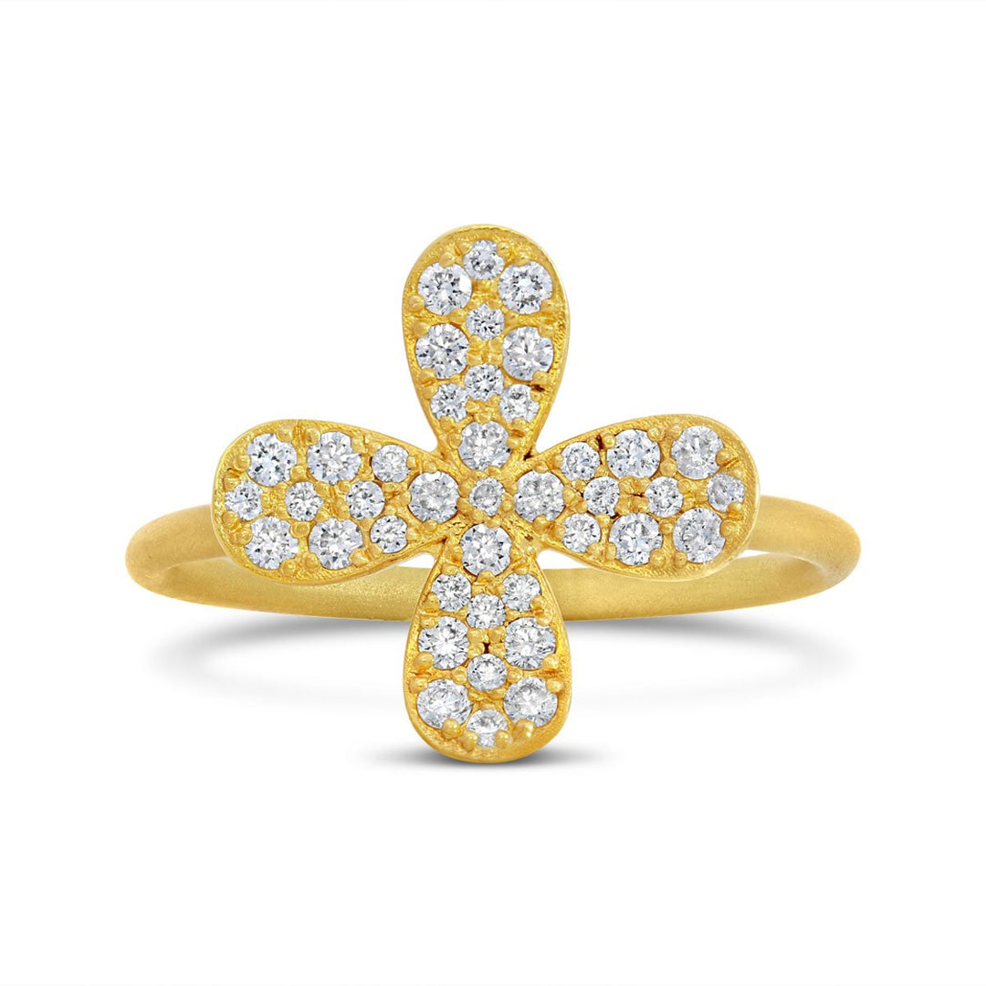 14K Yellow Gold Four Petal Flower Pave Diamond Ring - MDG8824