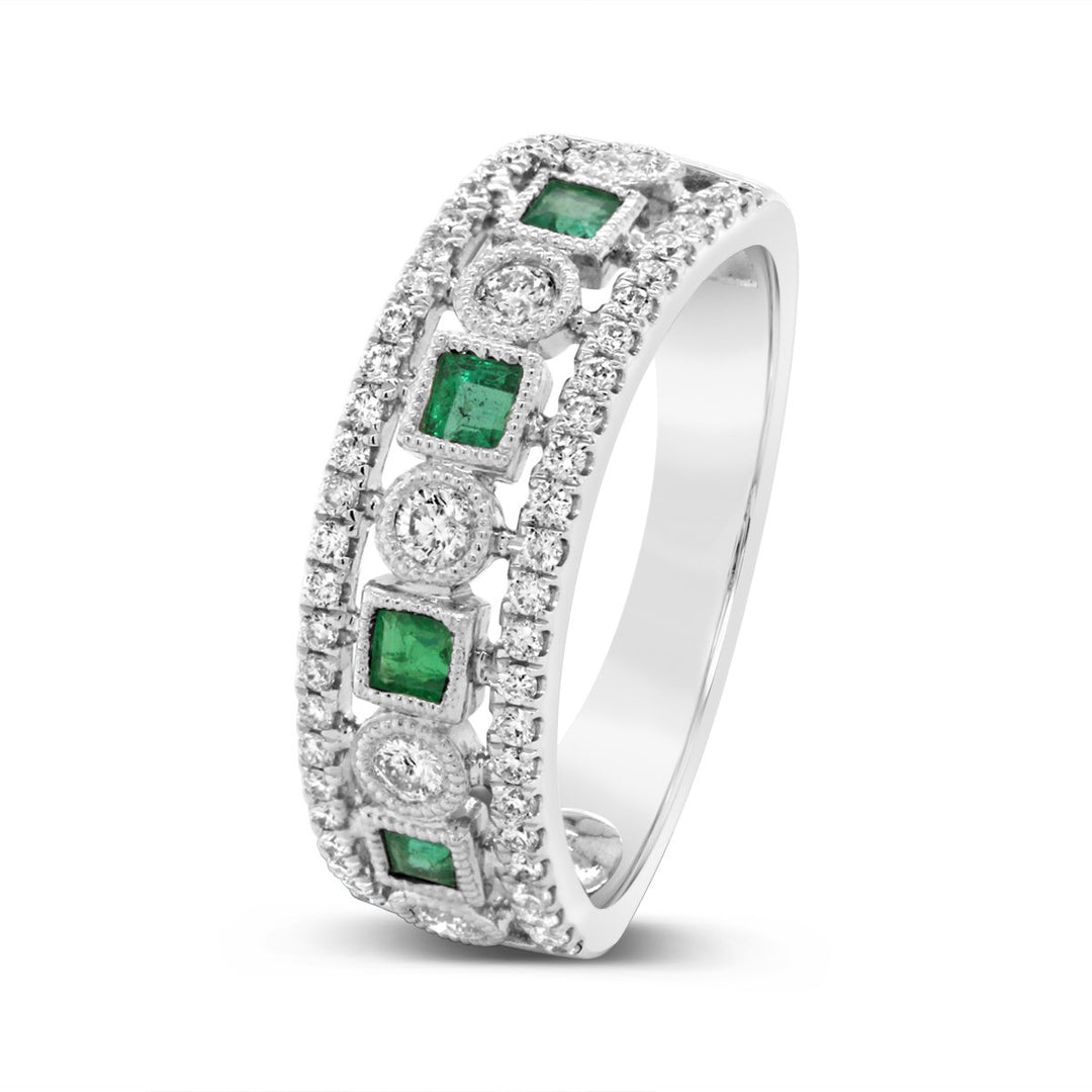 White Gold Diamond & Emerald Wide Band with Milgrain Detail - ARD2821EM
