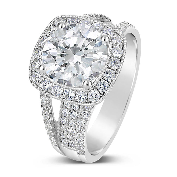 Wide Band Diamond Halo Engagement Ring