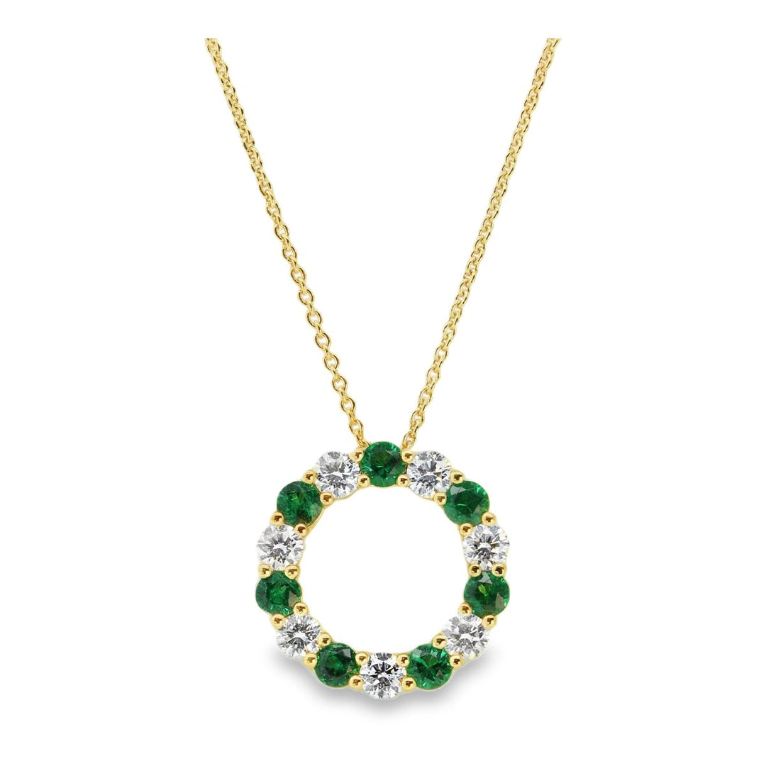 18K Yellow Gold Diamond & Green Emerald Circle Necklace