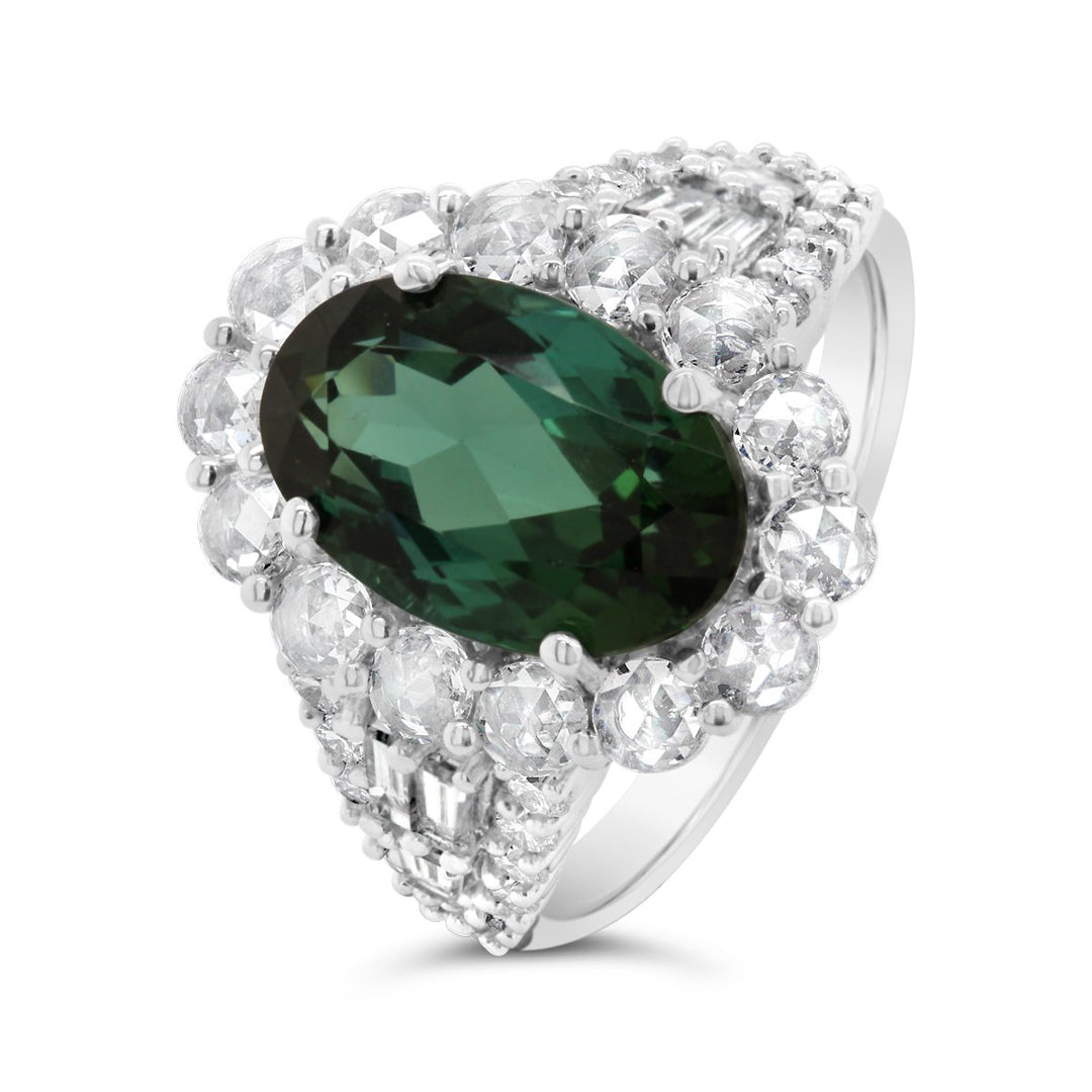 18K White Gold Diamond & Green Tourmaline Halo Ring - 5855AS