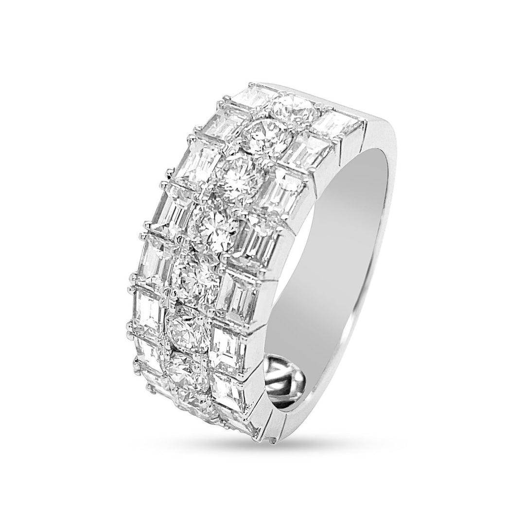 White Gold Wide Three Row Round & Emerald Cut Diamond Band - R4035B