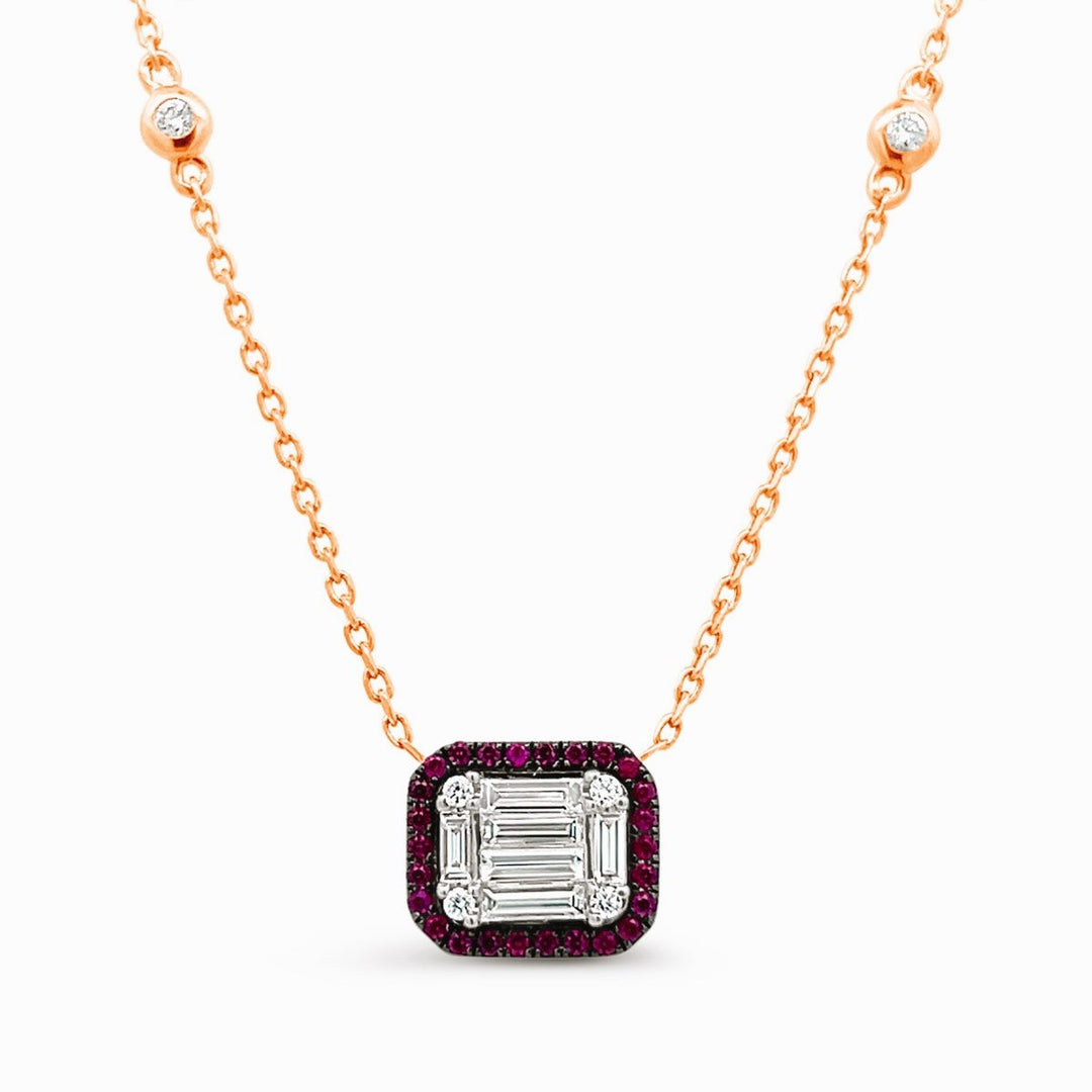 Rose Gold Diamond and Ruby Halo Pendant Necklace