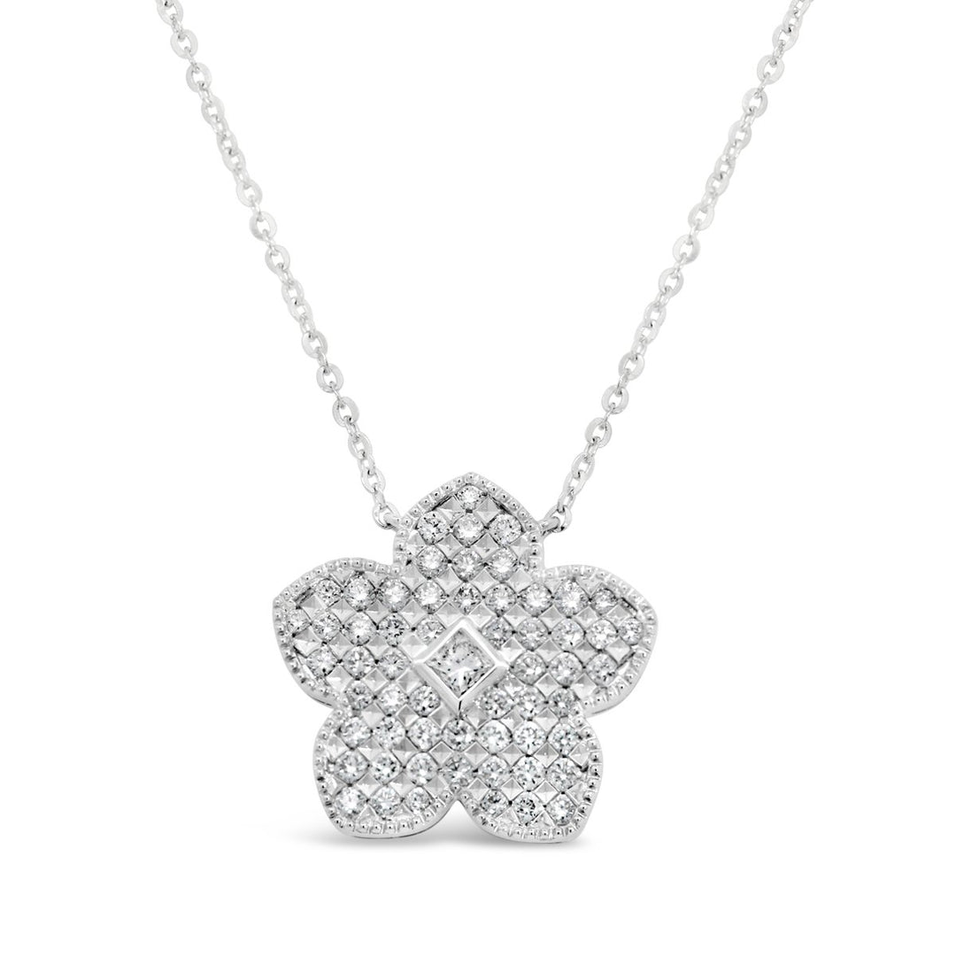 18K White Gold Five Petal Flower Diamond Disc Necklace