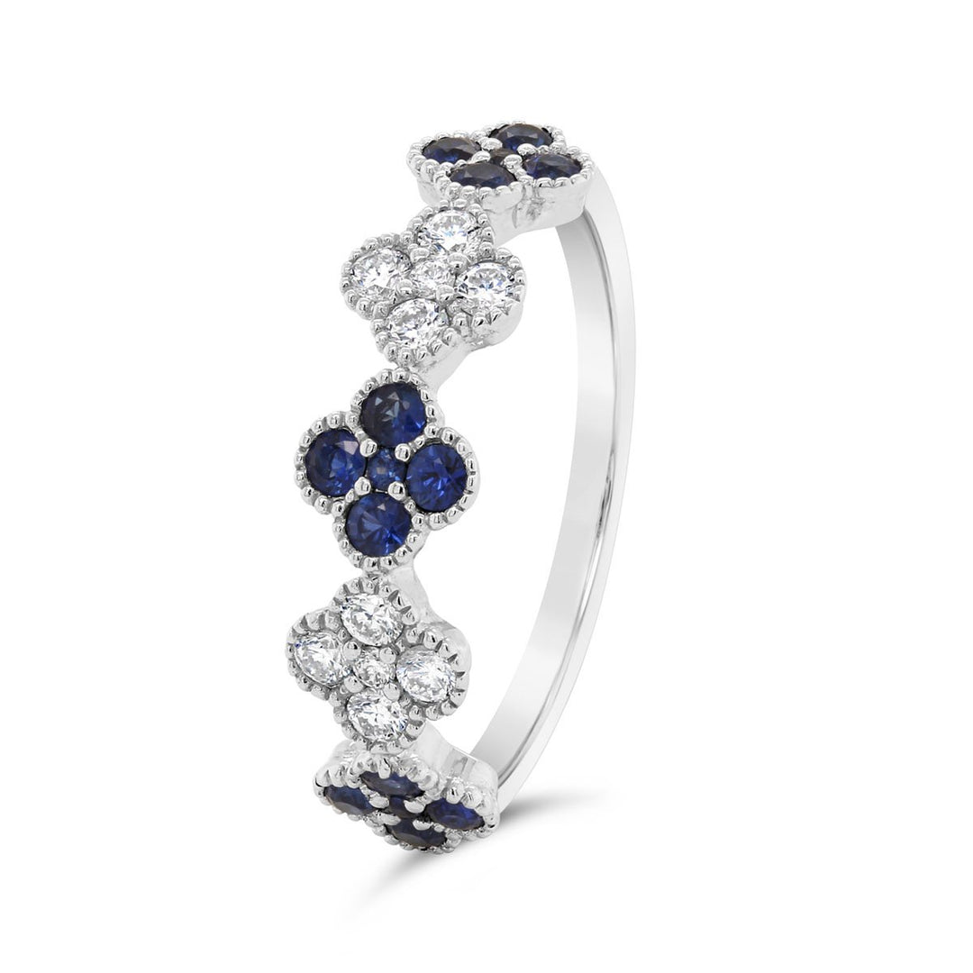 18K White Gold Diamond & Blue Sapphire Flower Band with Milgrain Detail - VRN5424-SAP