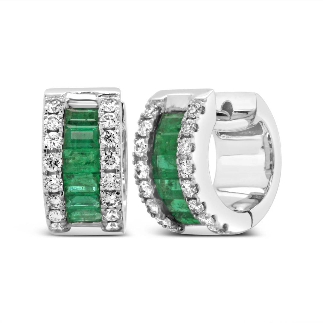 White Gold Diamond & Emerald Wide Huggie Hoop Earrings - ME51851