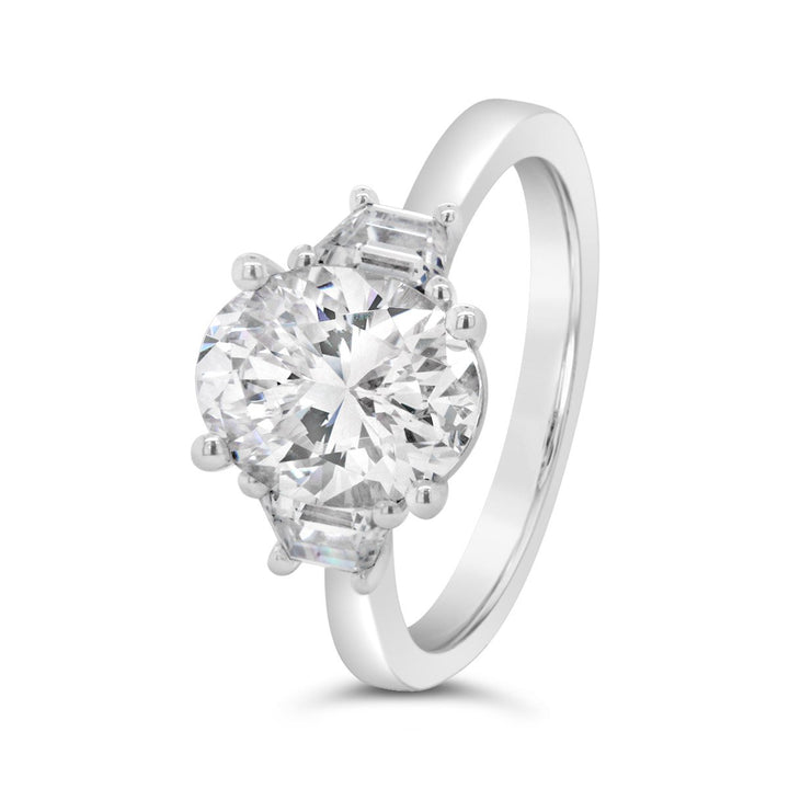 Three Stone Diamond Engagement Ring with Trapezoid Side Diamonds