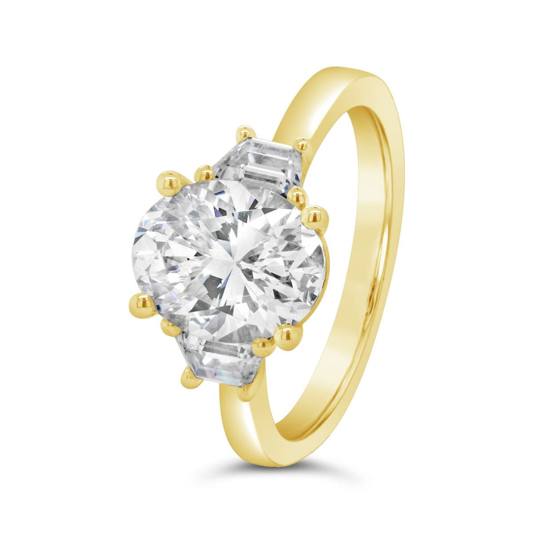 Three Stone Diamond Engagement Ring with Trapezoid Side Diamonds