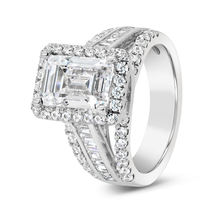 Wide Band Halo Diamond Engagement Ring with Split Shank