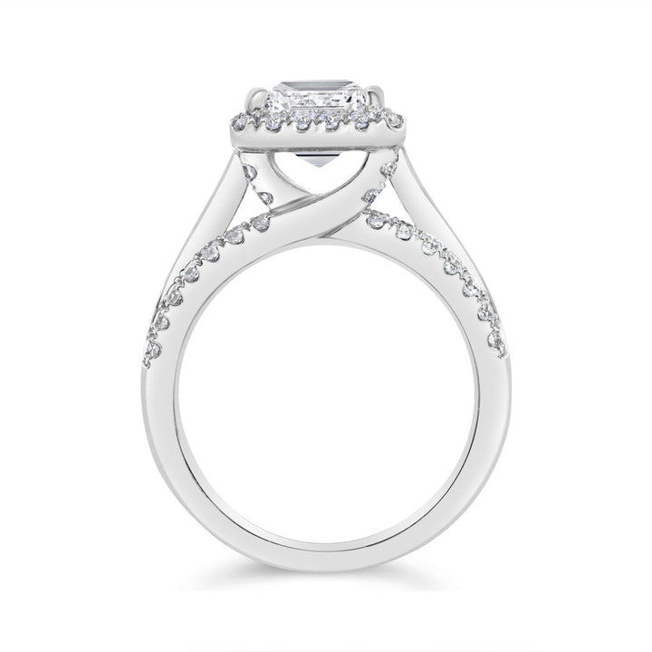 Wide Band Halo Diamond Engagement Ring with Split Shank