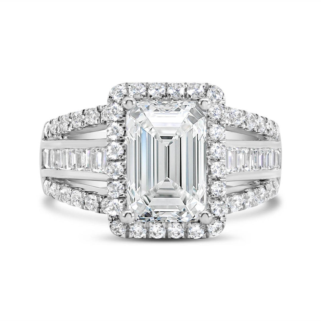 Wide Band Halo Diamond Engagement Ring with Split Shank