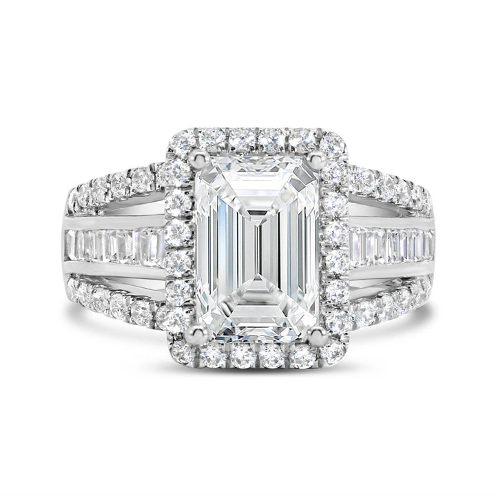 Wide Band Halo Diamond Engagement Ring with Split Shank