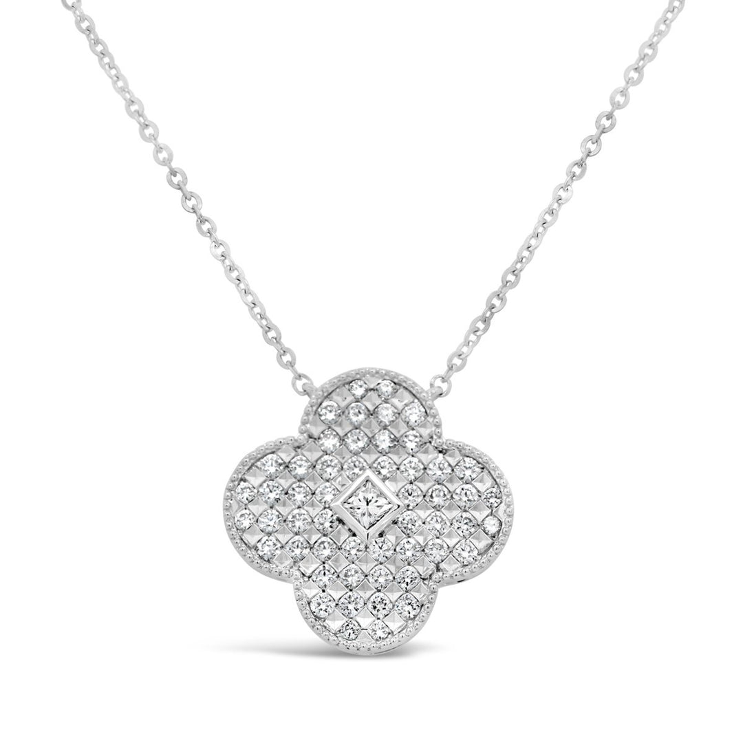 18K White Gold Four Petal Flower Diamond Disc Necklace