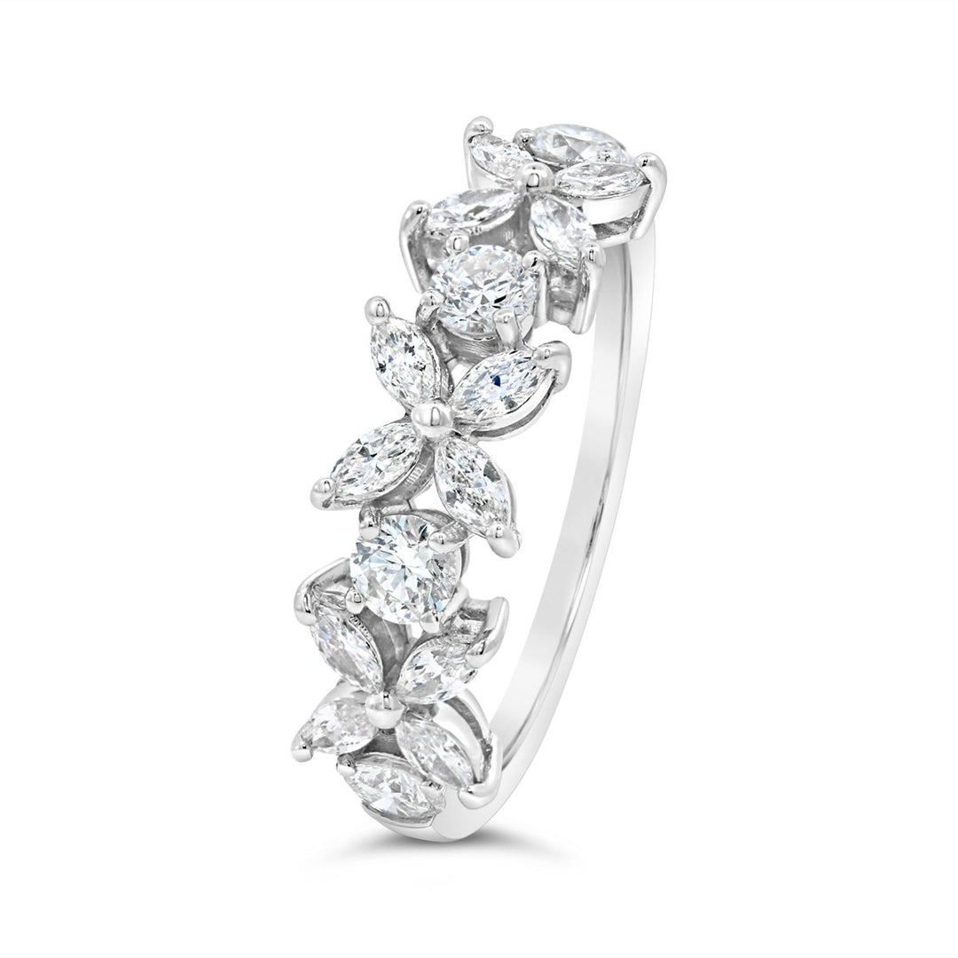 14K White Gold Diamond Flower Band with Marquise Diamonds
