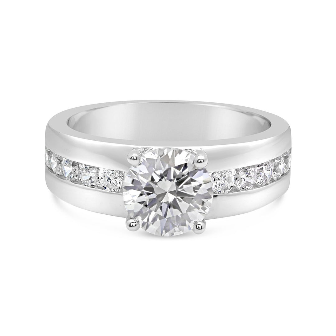 Engagement Ring with Wide Channel Set Band and Round Center