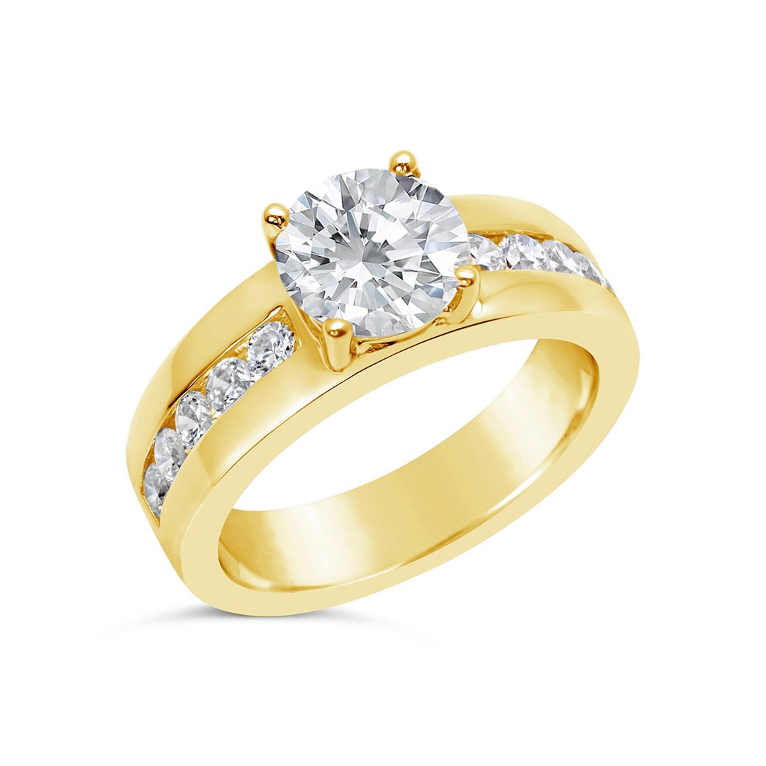 Engagement Ring with Wide Channel Set Band and Round Center