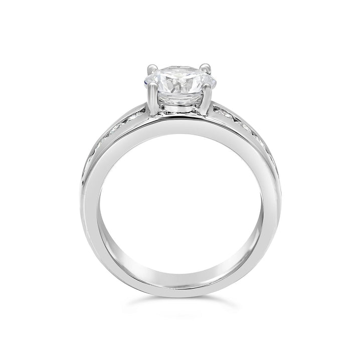 Engagement Ring with Wide Channel Set Band and Round Center