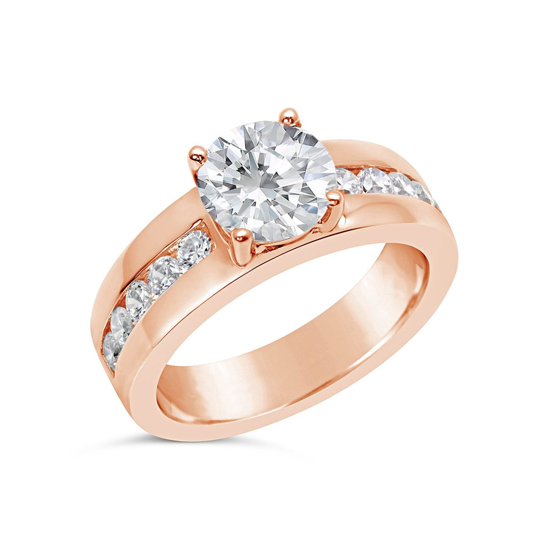 Engagement Ring with Wide Channel Set Band and Round Center