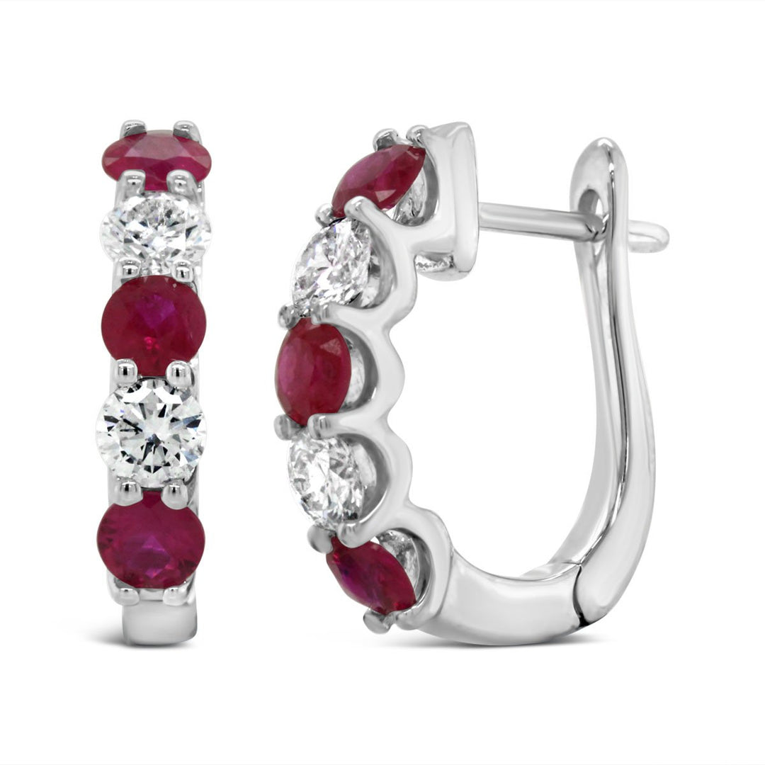 White Gold Alternating Diamond & Ruby Hoop Earrings - ME51884