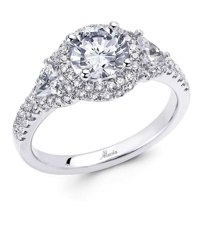 Three Stone Diamond Halo Engagement Ring