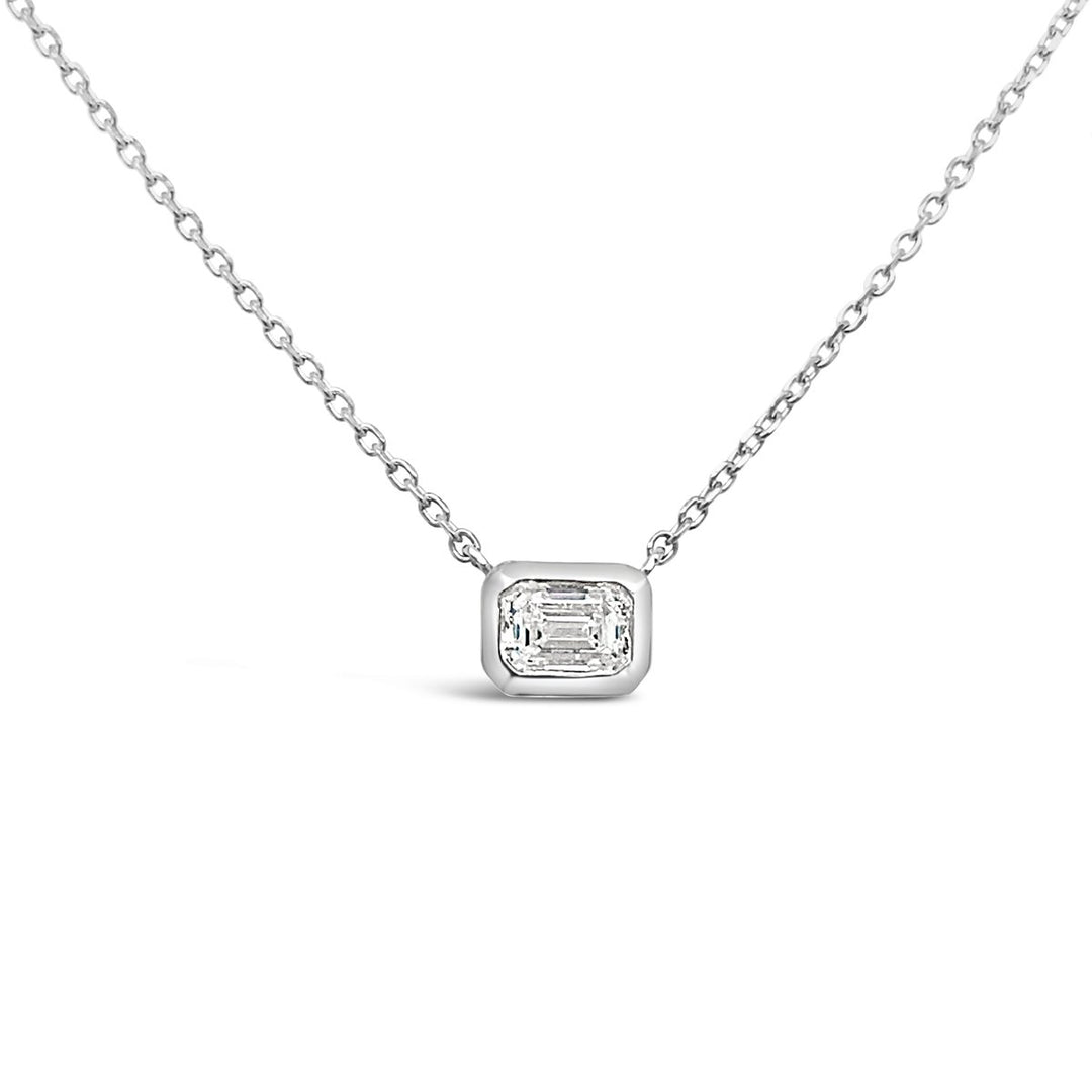 White Gold Emerald Shape Bezel Set Diamond Necklace - HKN00467B