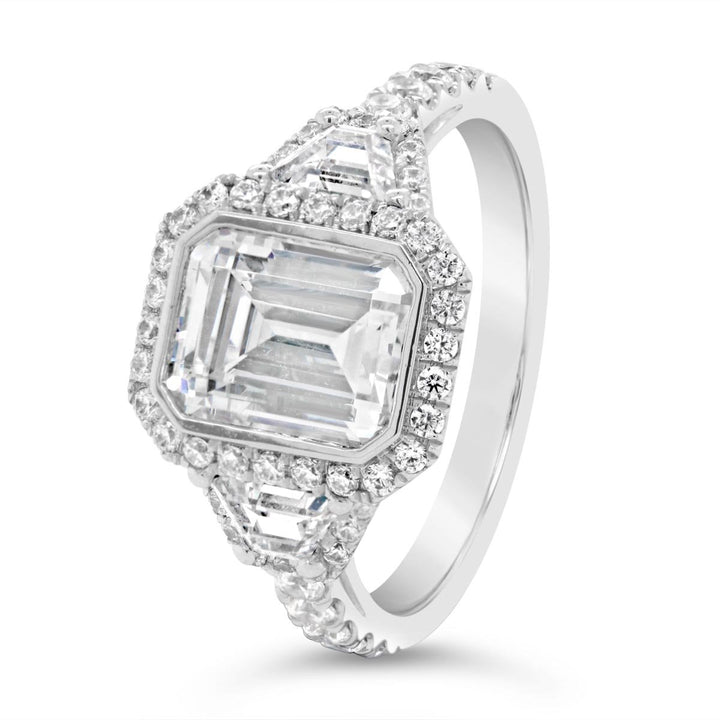 Three Stone Halo Diamond Engagement Ring