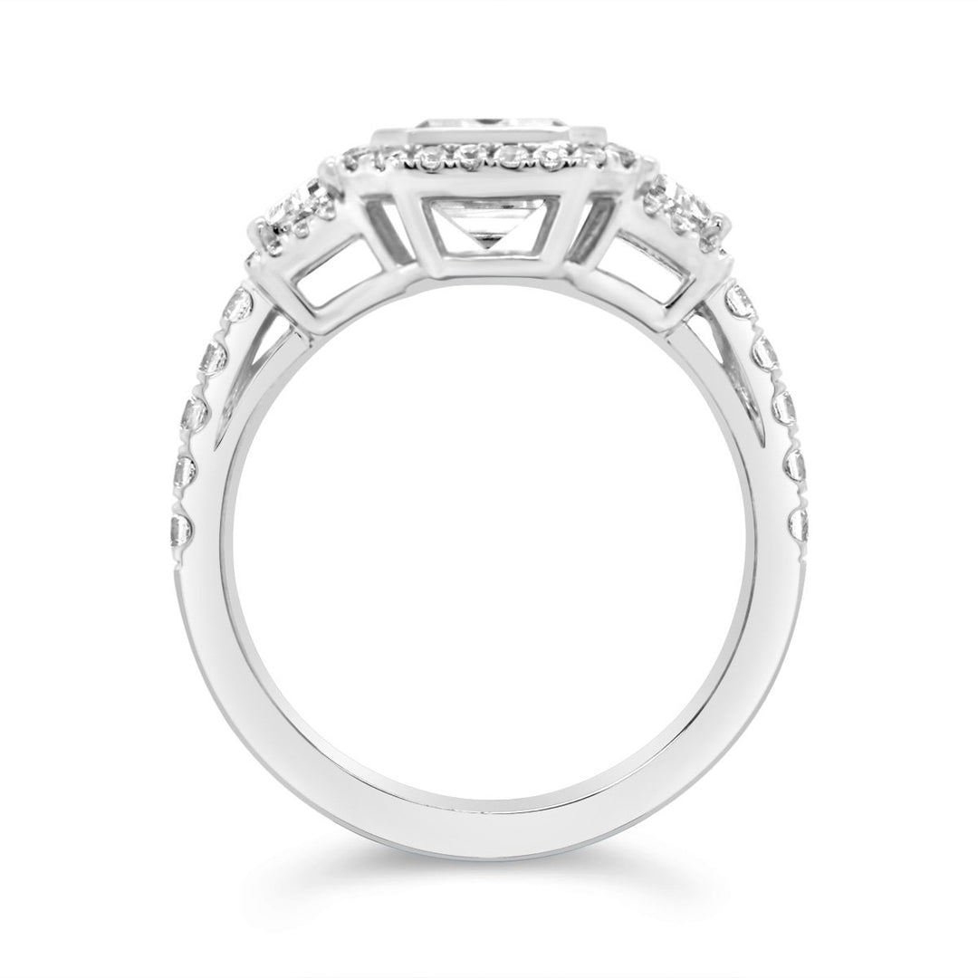 Three Stone Halo Diamond Engagement Ring